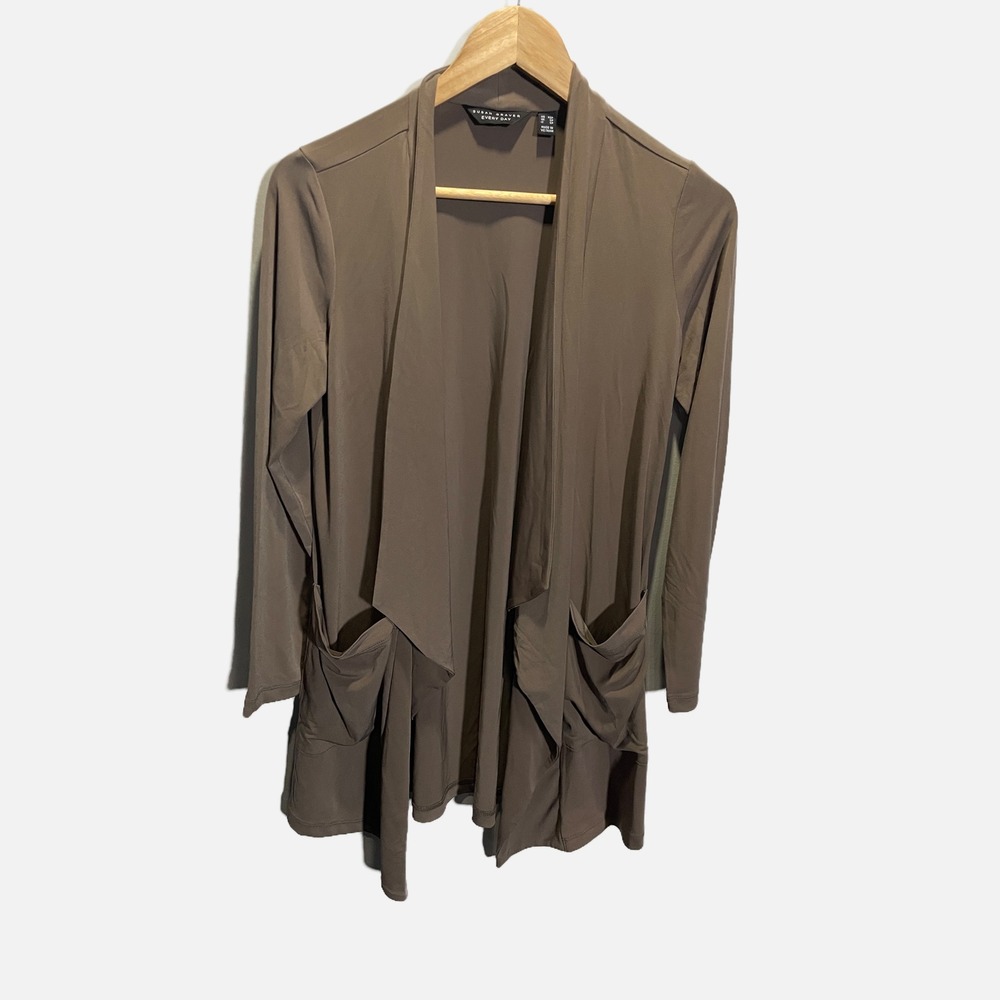 Susan Graver Every Day Open Front Cardigan Taupe Brown Petite XS Pockets Draped